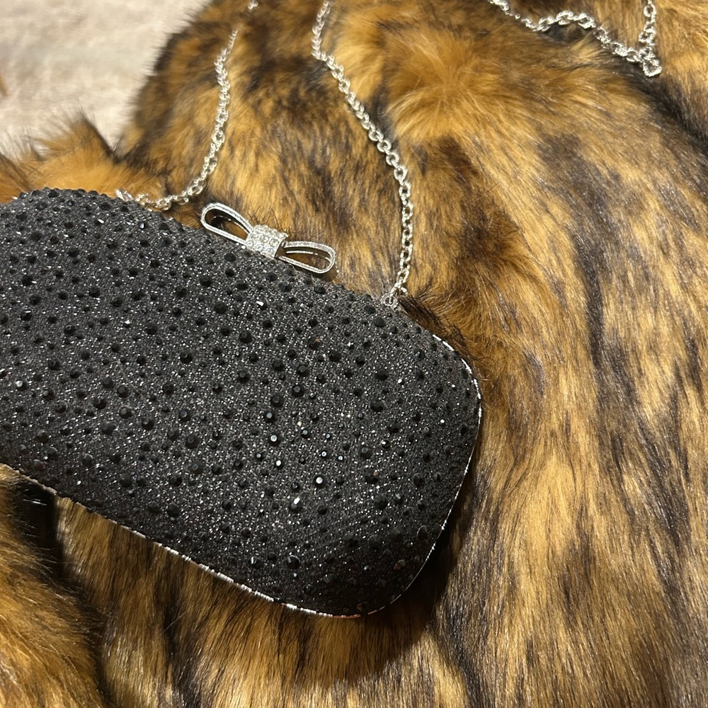 Black and Silver Crystal Clutch with Bow Detail